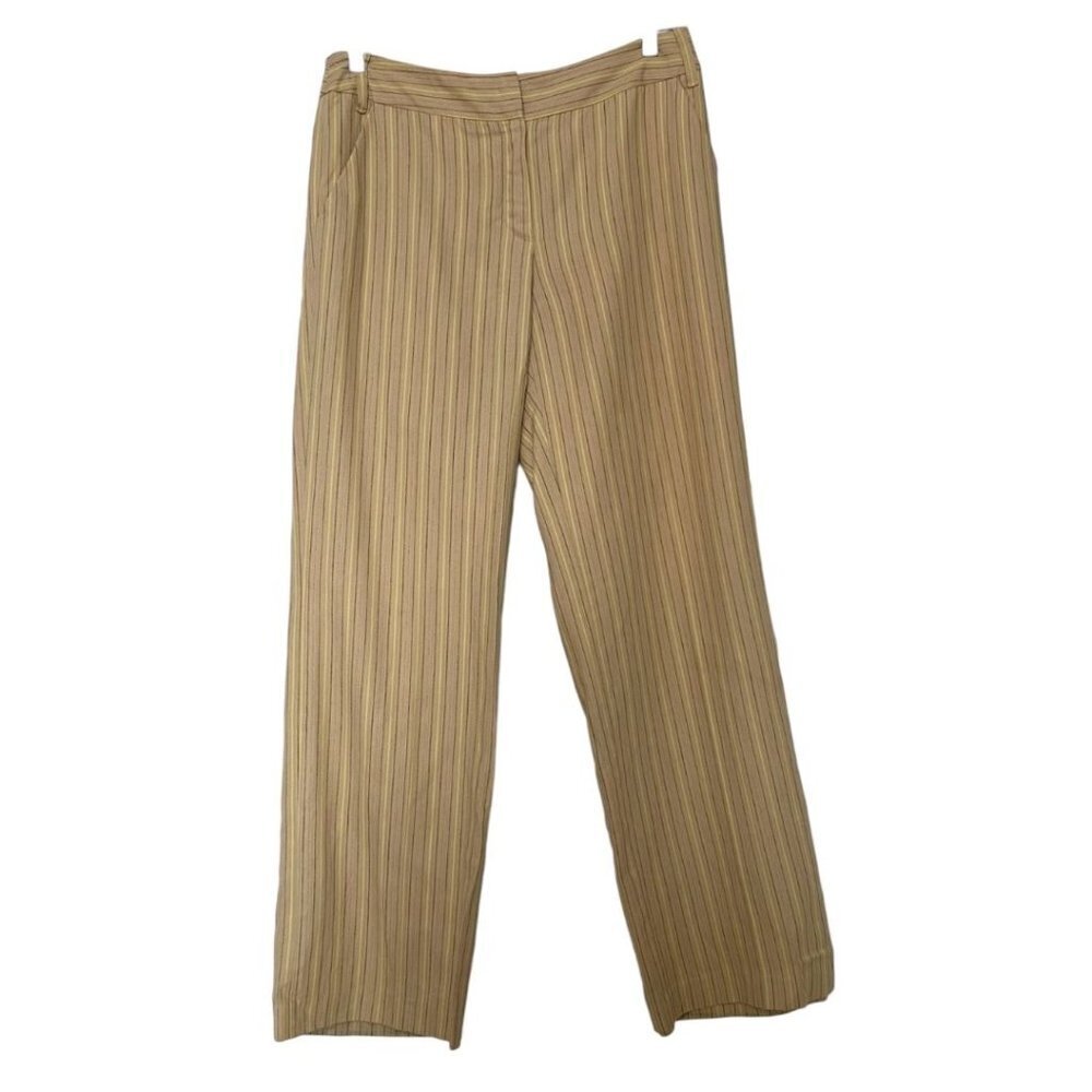ESCADA LINEN BLEND BEIGE BLACK YELLOW STRIPED STRAIGHT LEG TROUSERS PANTS - 10